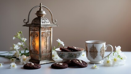 Fototapeta premium Eid ul Fitr celebration card showcasing dates, blossoms, tea, and glowing lanterns in an oriental setting
