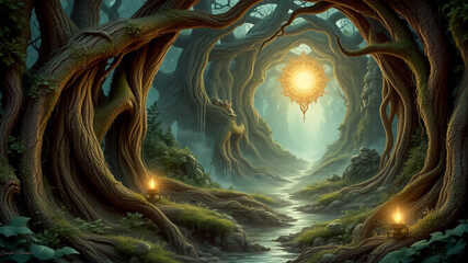 Enchanted forest path mystical sunlit grove