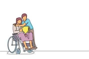 Continuous one line drawing disability woman on wheelchair with trophy cup sharing her joy from achievements and victory with her husband. Disabled people success in sport. Single line design vector