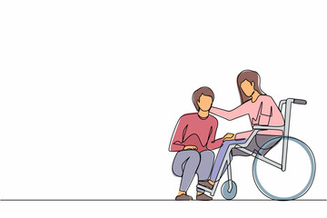 Single continuous line drawing young man kneeling before woman in wheelchair. Disabled wife sitting in wheelchair holding husband head in hospital ward. One line graphic design vector illustration