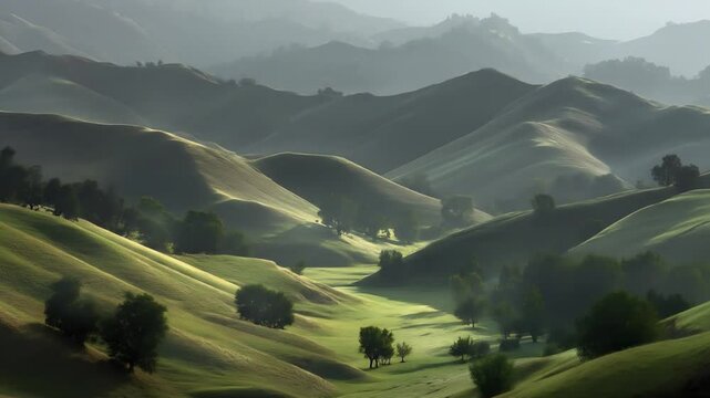 Breathtaking Aerial View of Rolling Green Hills and Valleys under Soft Light and Mist.