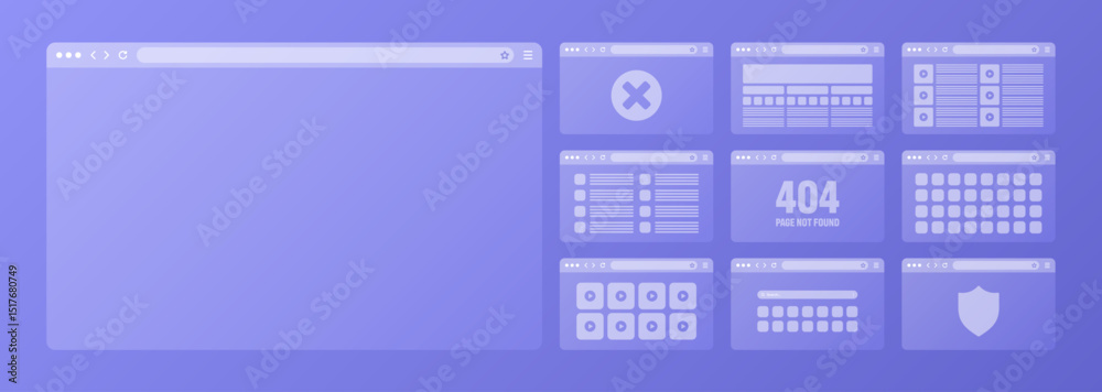 Fototapete Web browser window, transparent pages layout with toolbar and search field. Modern website, internet page. Browser mockup for computer, tablet and smartphone. Adaptive UI. Vector illustration