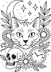 Tattoo Style Coloring Page for Adults &ndash;Printable Intricate Line Art for Relaxation, Stress Relief, and Mindful Coloring and Hobby Time
