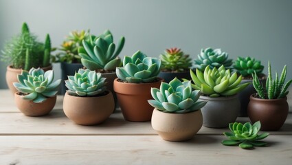 Fototapeta premium Green house plants in pots on a clean white wooden background