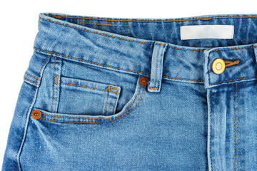 Front side of blue jeans pants. Design details, metal button, waistband, pocket and small pocket close up, macro. Wallpaper, background. Fashion concept, casual wear, business, shopping, sale
