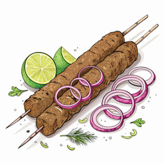 Close-up shot of sizzling seekh kebabs on a skewer, garnished with vibrant onion rings and a juicy lime wedge.