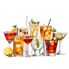 Colorful Assortment of Refreshing Cocktails and Drinks on a White Background on transparent background