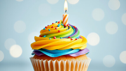 Festive rainbow cupcake with birthday candle