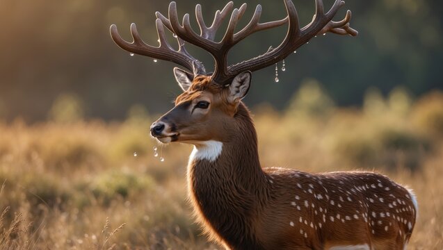 Deer species native to Java, Bali, and Timor&acirc;&euro;&rdquo;Javan rusa or Sunda sambar, showcasing antlers and wilderness behaviors in July
