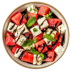 Watermelon Feta Salad with Balsamic Drizzle and Mint Leaves