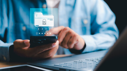 Privacy protection, secret secured lock, safety or security to archive file or document. Person holding lock document file folder with padlock.