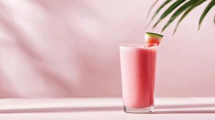 Tall glass filled with a pink-colored drink. the drink appears to be a smoothie or a milkshake, with a slice of watermelon on the rim.