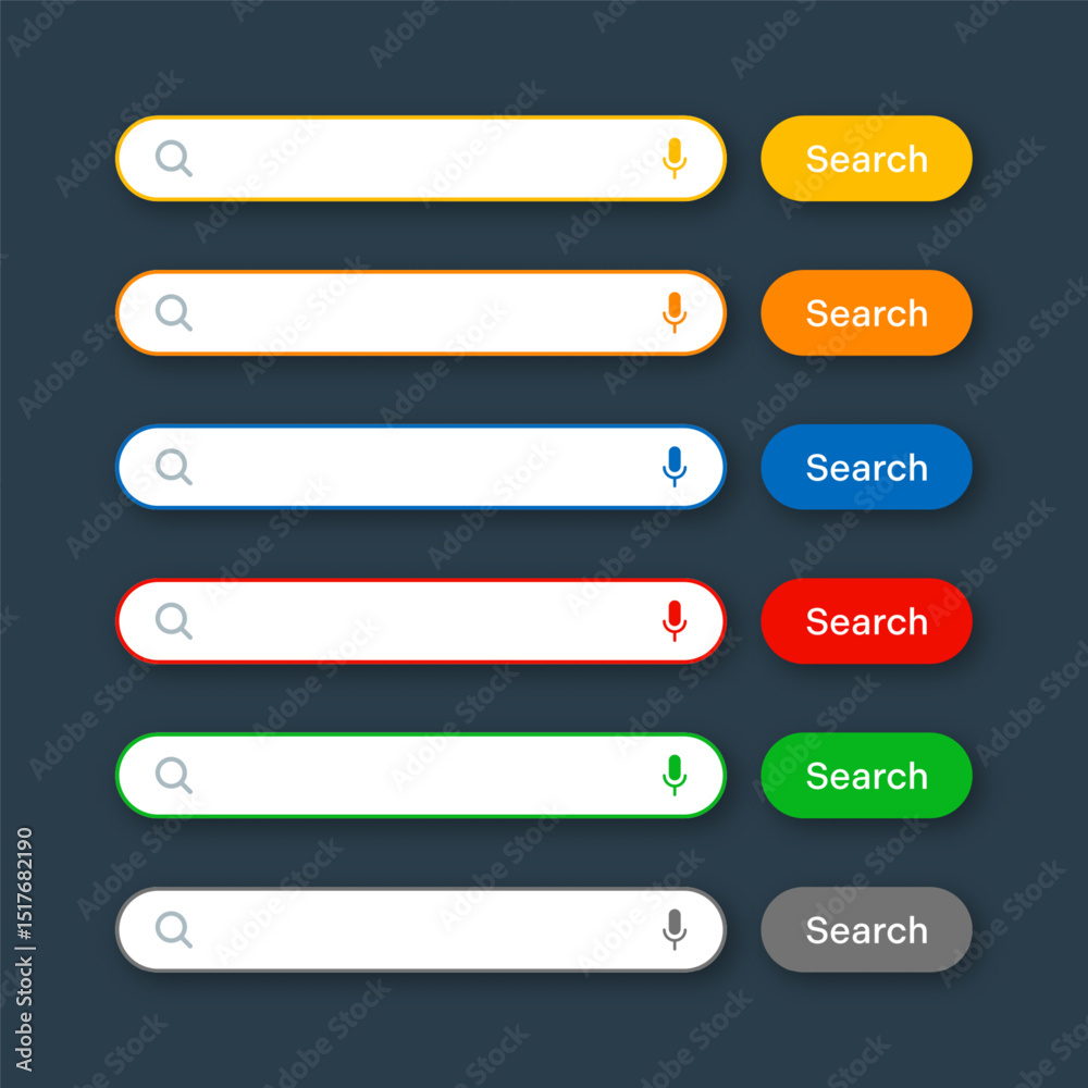 Poster Various search bar templates. Internet browser engine with search box, address bar and text field. UI design, website interface element with web icons and push button. Vector illustration
