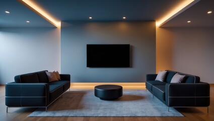 Modern apartment interior featuring a grey comfort couch, ergonomic armchair, coffee table, and large LCD TV for stylish living