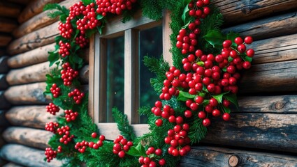 Fototapeta premium Rustic wooden house decorated for Christmas with festive elements and empty space for personalization