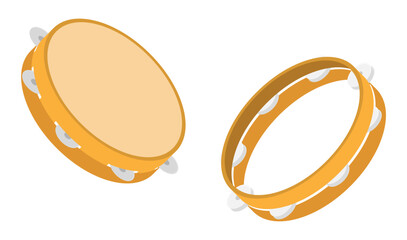 Isometric tambourine musical instrument top view. Folk instrument for beating out rhythm of musical composition. Realistic 3D vector concept isolated on white background