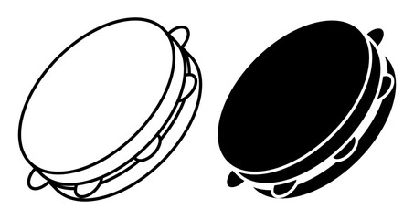 Linear icon, isometric tambourine musical instrument top view. Folk instrument for beating out rhythm of musical composition. Simple black and white top view vector isolated on white background