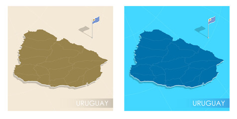 Uruguay country flag installed on geographic positioning map point of country territory. Uruguay commonwealth banner on land and sea. Festive patriotic HD format template for independence day