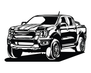 Black and white pickup truck drawing vector illustration