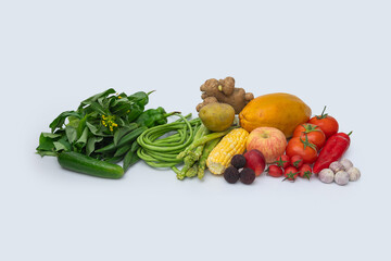 Fresh fruits and vegetables with white background