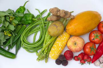 Fresh fruits and vegetables with white background