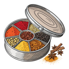 A vibrant, colorful Indian masala dabba spice box with its lid open, showcasing an array of aromatic spices.  High-resolution, detailed image.