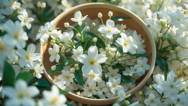Arabian Jasmine: Vintage Garden Flower with Wooden Frame Background