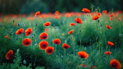 Beautiful Red Poppy (Papaver Rhoeas) Flowers in Natural Summer Landscape with Space for Text, Insect and Bird Friendly