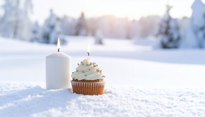 Festive cupcake with a lit candle in a snowy winter wonderland. Perfect for holiday celebrations.