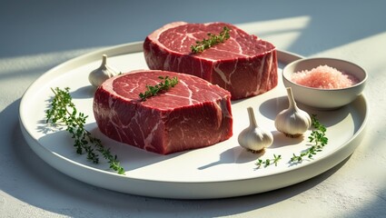 Raw beef steak with herbs on a white background, top view showcasing wagyu and top blade cuts.