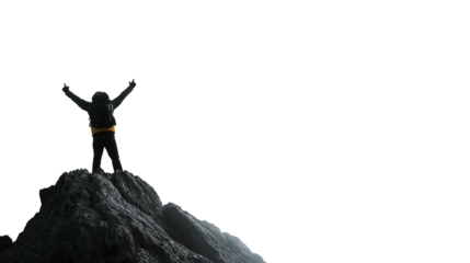 Man Celebrating on Mountain Summit Isolated on Transparent Background – Symbol of Success