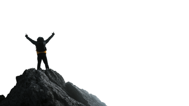 Man Celebrating on Mountain Summit Isolated on Transparent Background – Symbol of Success