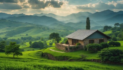 Tranquil rural scene showcasing a cozy cabin amid vibrant greenery and rolling hills under a cloudy sky in the Ukrainian Carpathians