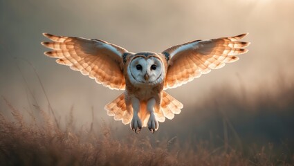 Fototapeta premium Barn Owl soaring through the snow at dawn
