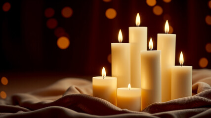 Lit candles arranged on brown fabric background