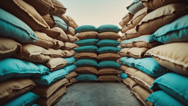 Full burlap sandbag background with protective wall design and texture