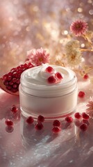 Moisturizing cream packaging surrounded with fruit, flowers, beautiful background, hydration cream packaging mockup