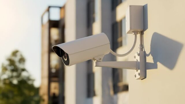 Modern security camera is mounted on an exterior wall, capturing surveillance footage during sunset, highlighting the sleek design and functionality of contemporary security systems