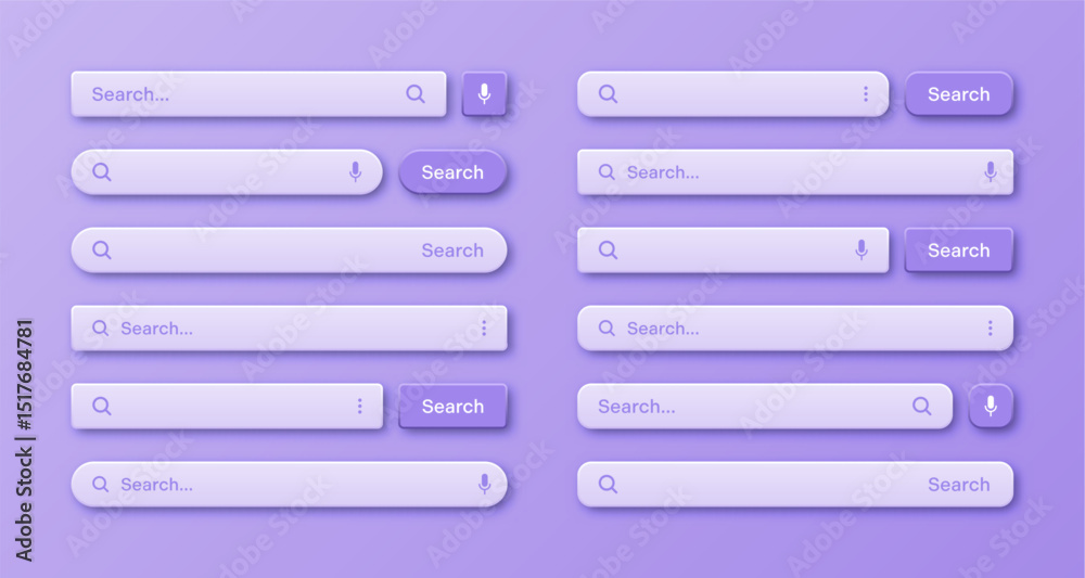 Fototapete Colorful 3d search bar templates. Internet browser engine with search box, address bar and text field. UI design, website interface element with web icons and push button. Vector illustration