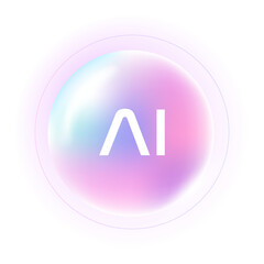 AI Assistant App Interface of AI Chatbot for Artificial Intelligence Concept. Holography Vibrant Gradient Abstract Circle Background. Neon Futuristic Glow Button with Purple Line and Title.