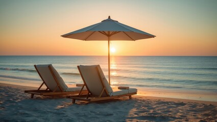 Beautiful summer vacation scene with white beach bed and ocean view