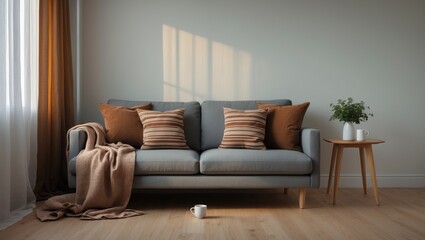 Elegant living room interior featuring a grey sofa with beige pillows and a minimalist Scandinavian design