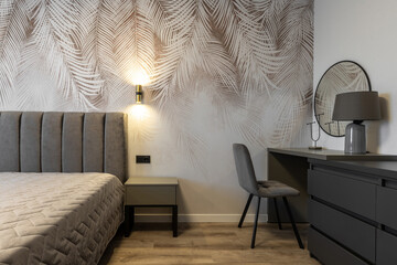 Bedroom Vanity with Palm Leaf Wallpaper