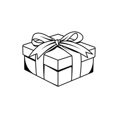 Gift Box with Ribbon and Bow Black line illustration