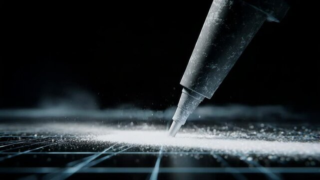 Robotic arm meticulously engraving metallic surface with precise white powder patterns, highlighting advanced automation in modern manufacturing precision engineering