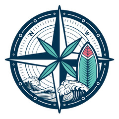 Create a stylized compass rose illustration featuring a surfboard as the directional pointer, set against a vibrant ocean wave backdrop.