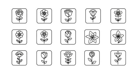 Elegant Black and White Flower Icons Set of 15 Unique Floral Designs