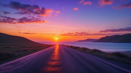 Sunset over asphalt street with ocean and mountain scenery in the background