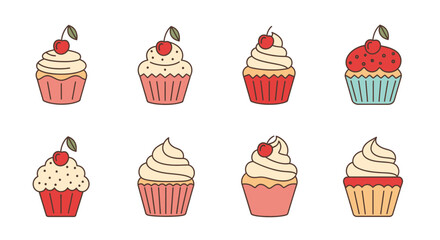 Sweet Cherry Cupcakes Delicious Vector Illustration Set