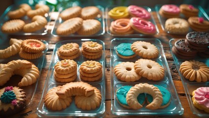 Variety of baked goods and cookies displayed on plastic trays against a rustic background